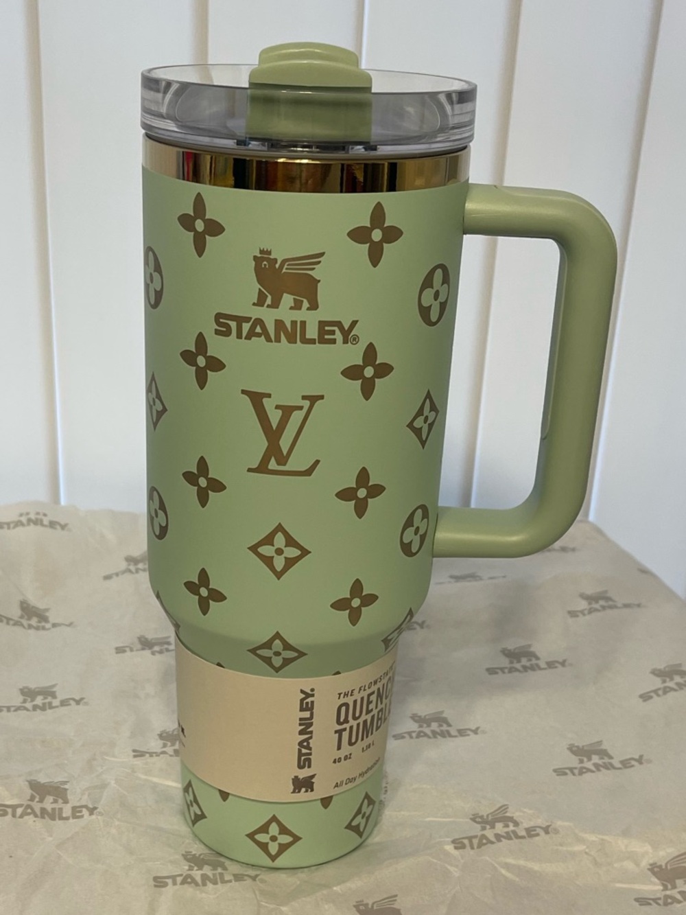 Stanley 40oz Sage Green Travel Mug with Gold Accents